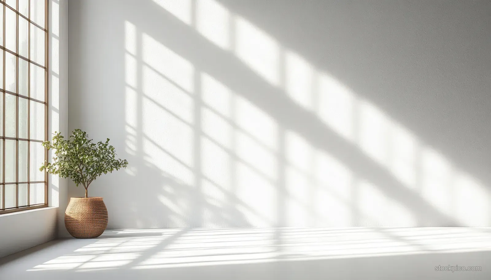White minimalist interior with a potted plant by a window casting soft diagonal light shadows on the wall.