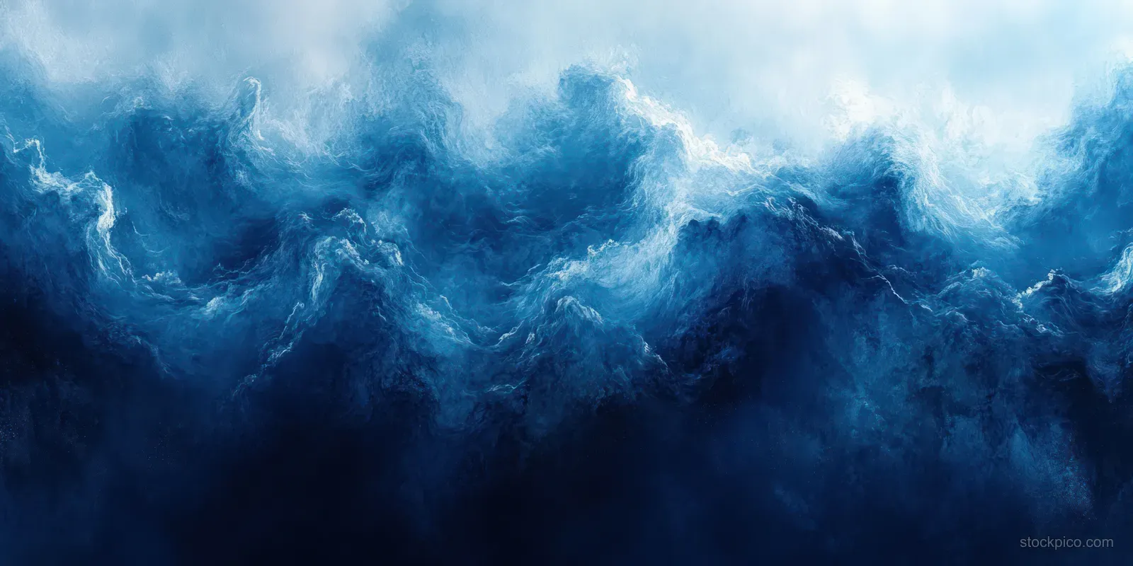 Deep blue and cyan watercolor wash forms cloud-like swirls with visible flowing brush stroke textures.