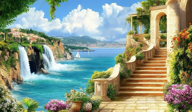 Stone steps through a flowered terrace garden with a waterfall and sailboats on a turquoise sea.