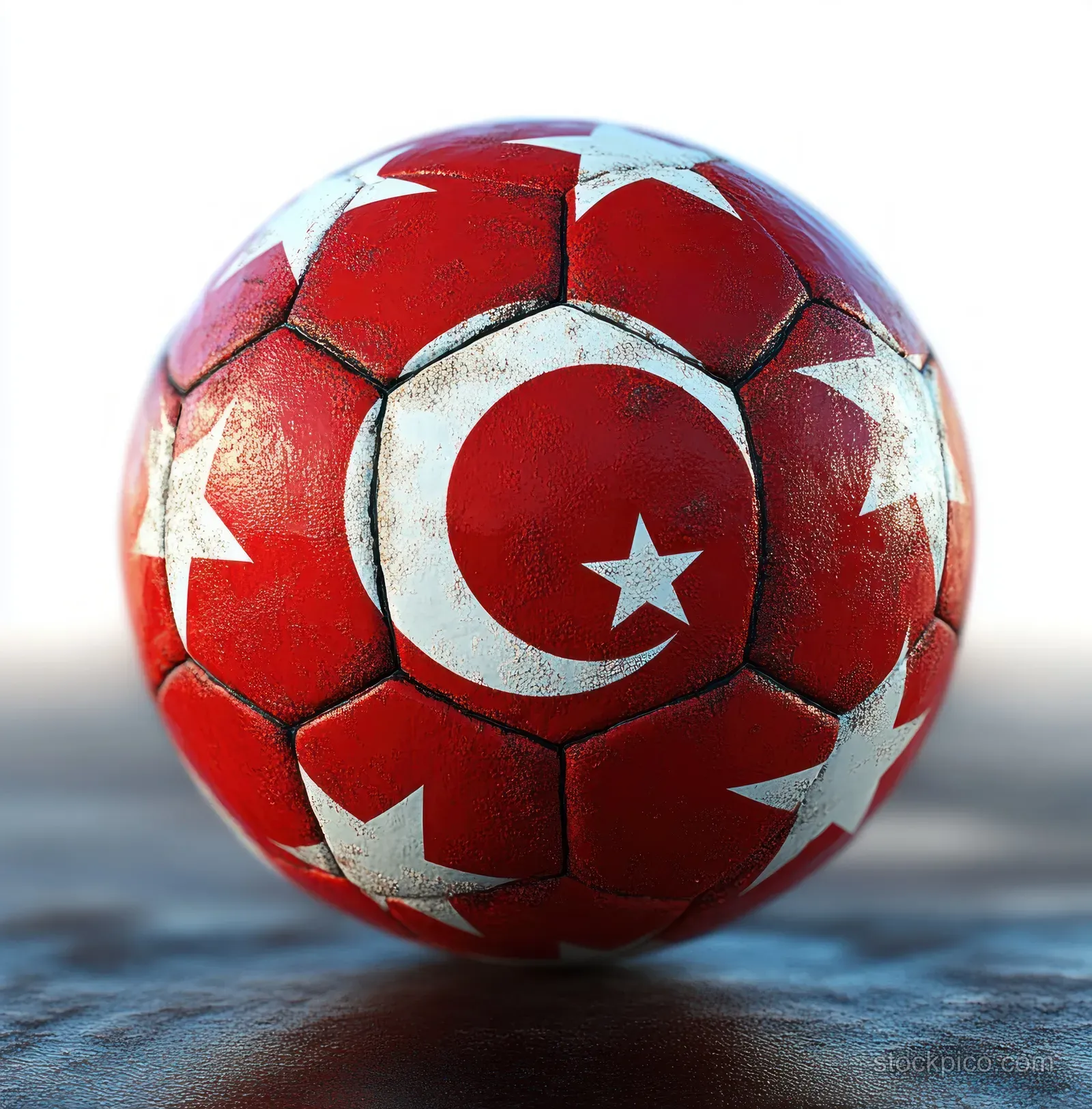 Glossy 3D soccer ball with Turkish flag and star emblem resting on a football pitch.
