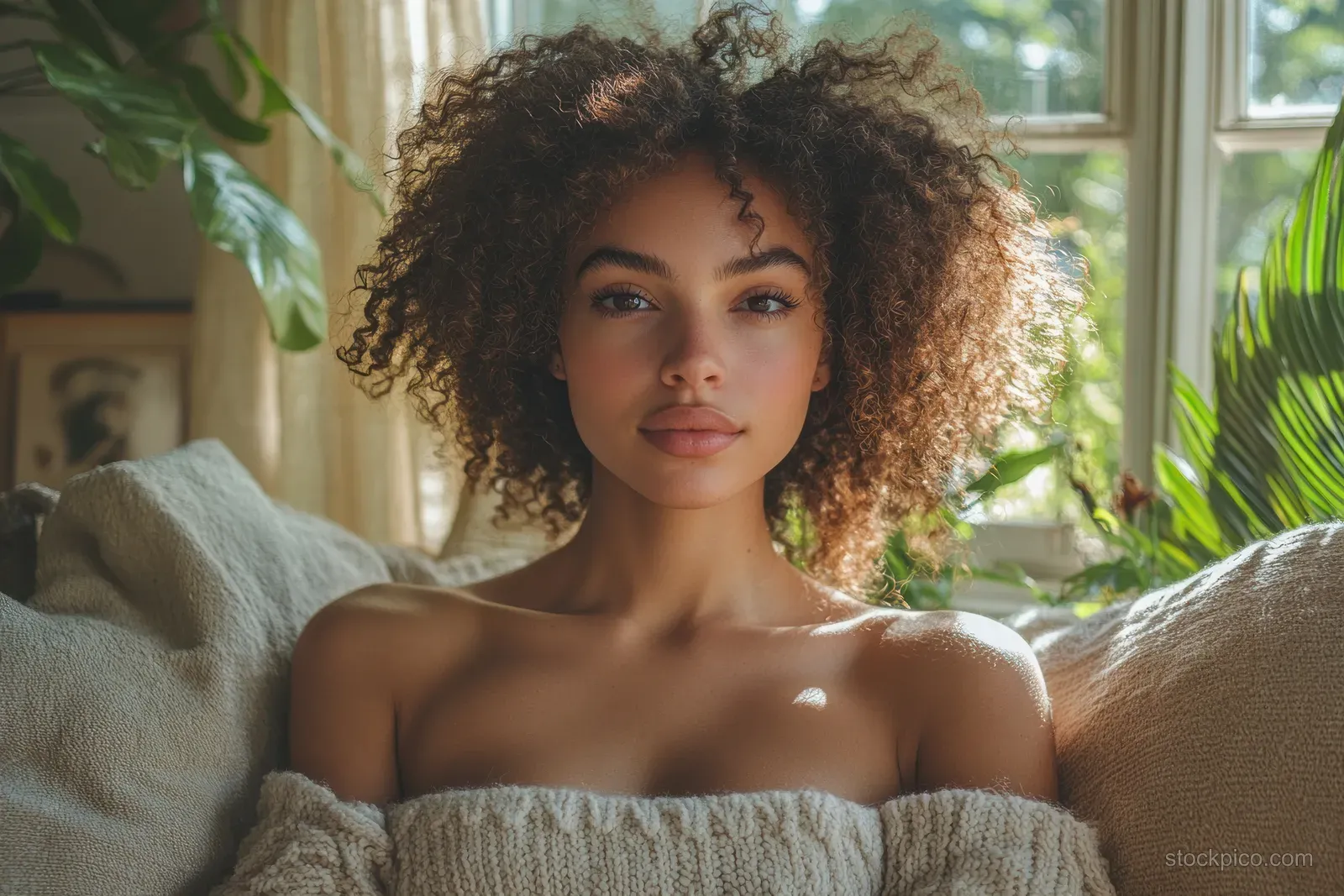 A curly-haired woman lounges on a sofa in a bright living room, looking at the camera and smiling.