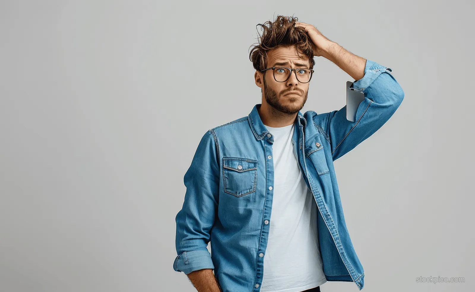 Stressed businessman with glasses holds a laptop and scratches his hair while looking confused against a grey background.