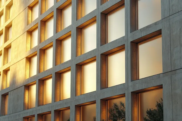 A modern building facade displays reflective square windows with warm golden sunlight and faint tree reflections.