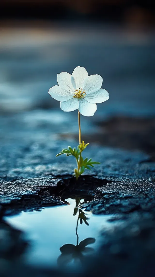 A white flower grows from a rock crack and is reflected in a small water puddle below.
