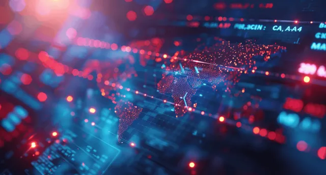 Digital stock trading charts and a world map grid glow behind red and blue light particles on a screen.