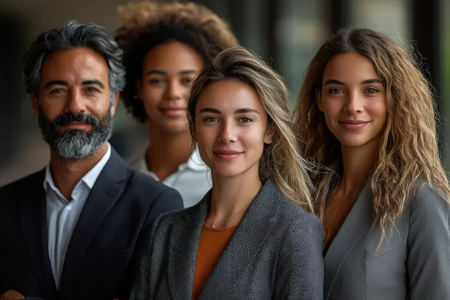 Diverse business team stands together in a modern office, smiling with soft natural light and blurred background.