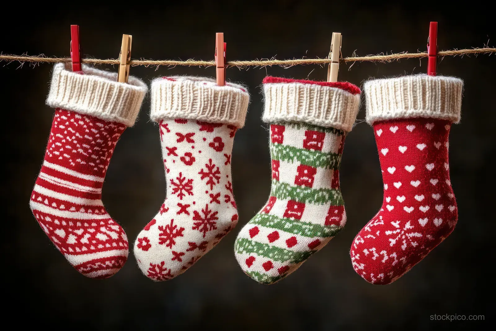 Four knitted Christmas stockings hang on a rope with clothespins against a dark background.