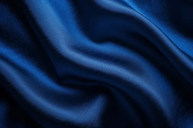 Dark blue silk fabric close-up with shiny highlights and flowing wavy folds.