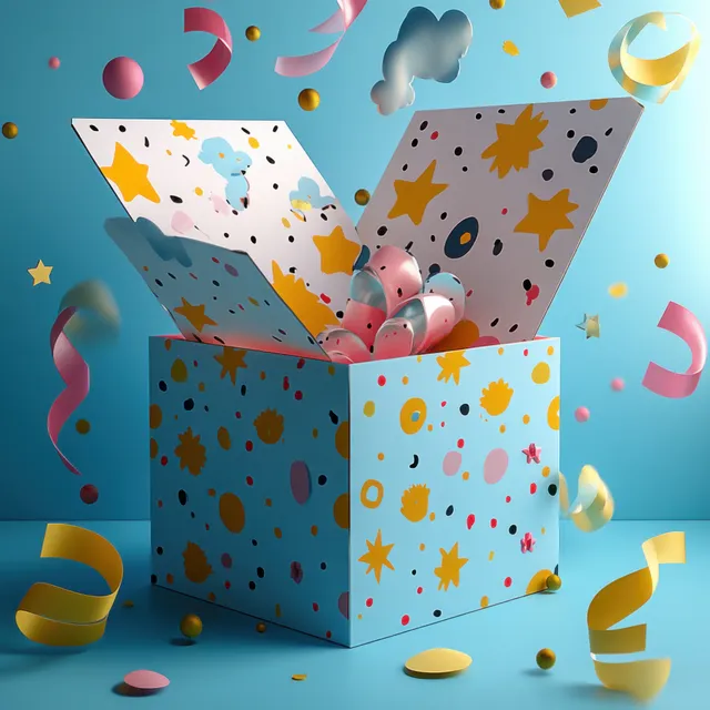 Open 3D gift box with ribbons and floating confetti on pastel blue backdrop