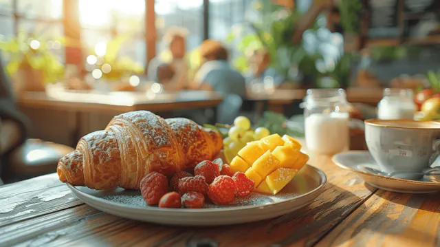 Sunny family breakfast table with croissants and fruit, warm kitchen window light