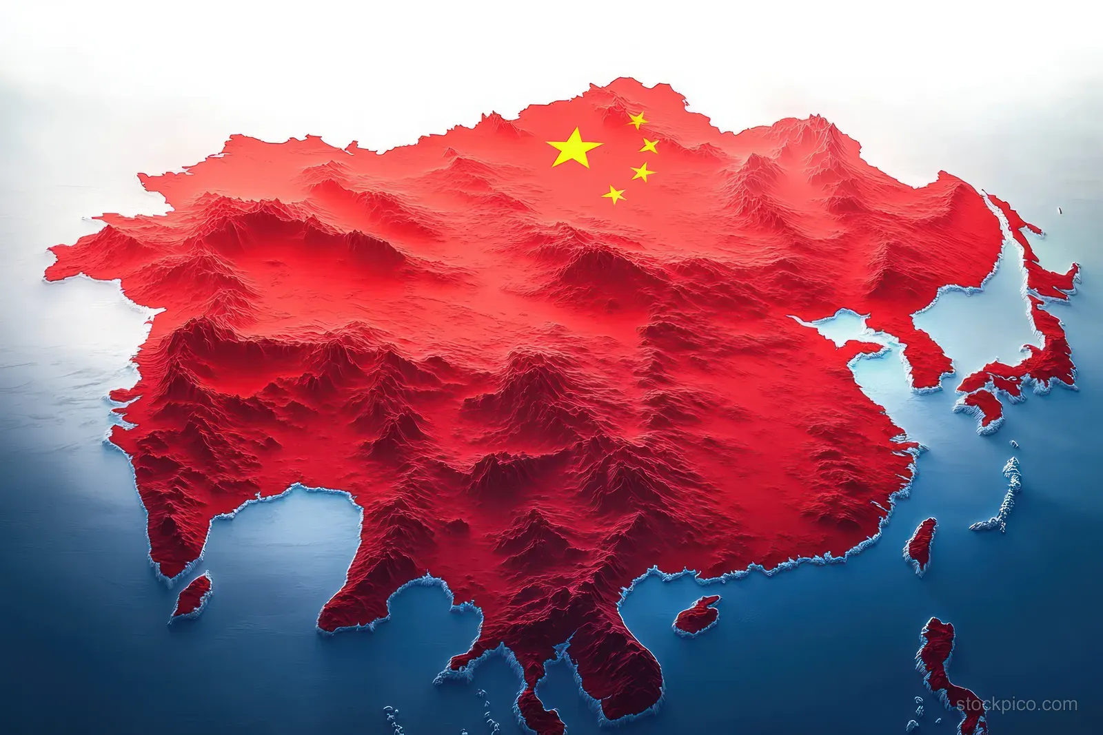 Red ink map of China with Taiwan border highlighted and textured brush strokes on a muted background.