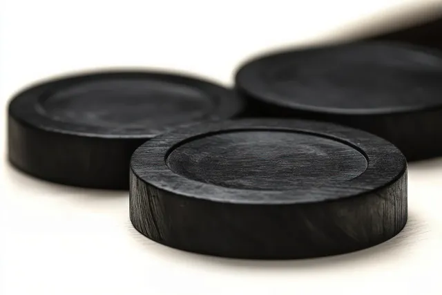 Glossy black poker chips arranged in a still life on a white surface