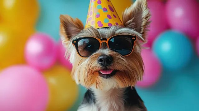 Small dog wearing sunglasses and a colorful party hat with balloons behind it.