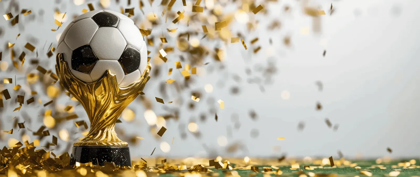 Golden soccer trophy and ball surrounded by drifting golden confetti on a white background.