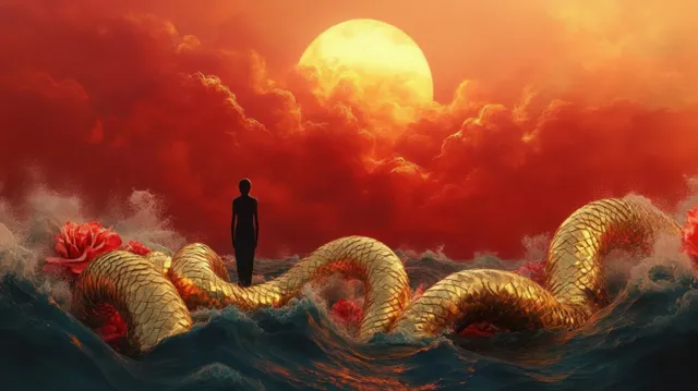 Silhouette stands on a golden serpent twisting through turbulent waves beneath fiery sunset.