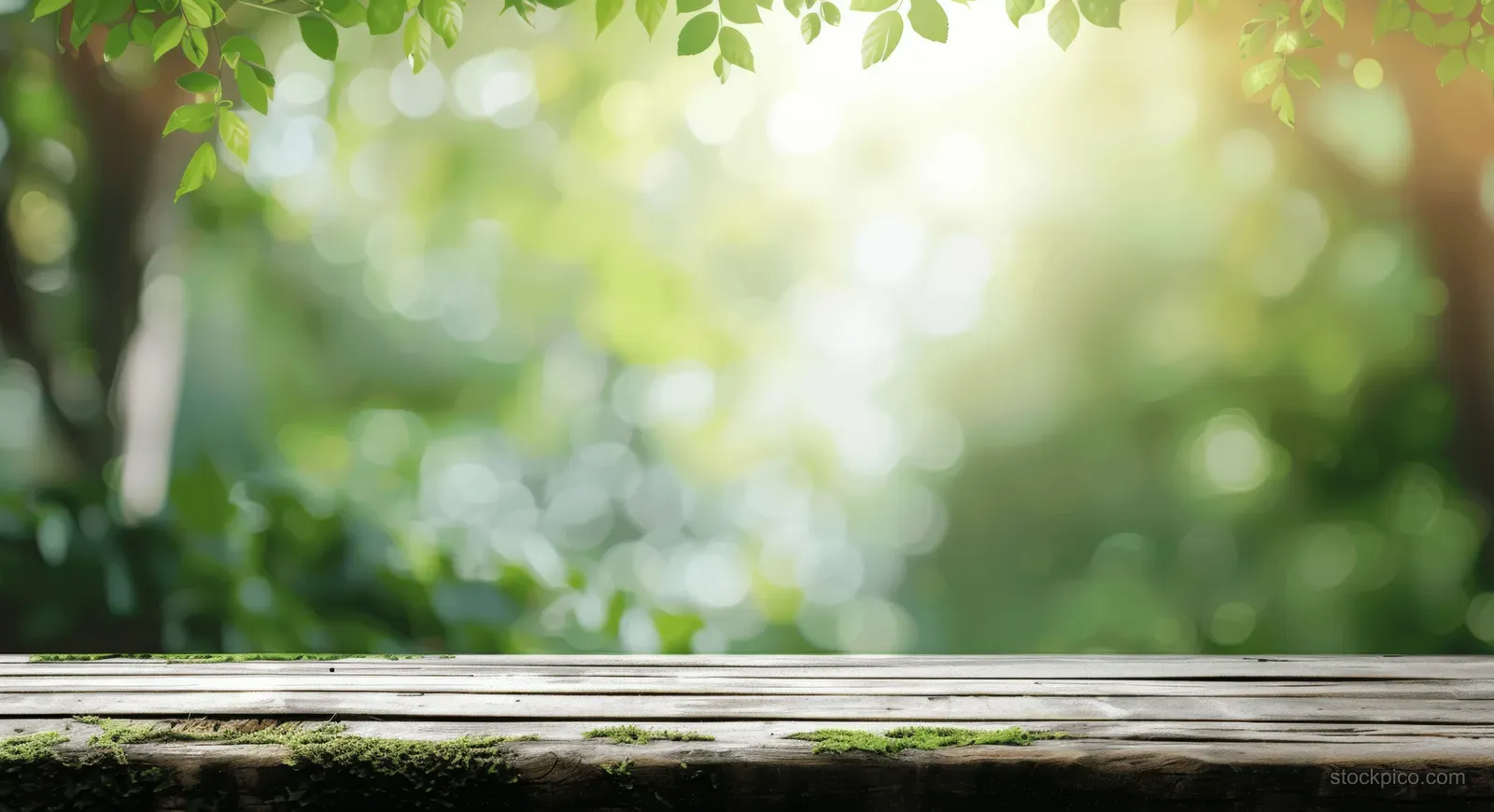 White wooden table top in front of a sunlit green forest background with soft bokeh light spots.