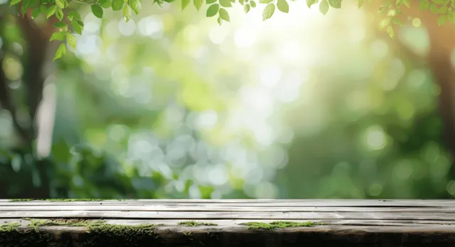 White wooden table top in front of a sunlit green forest background with soft bokeh light spots.