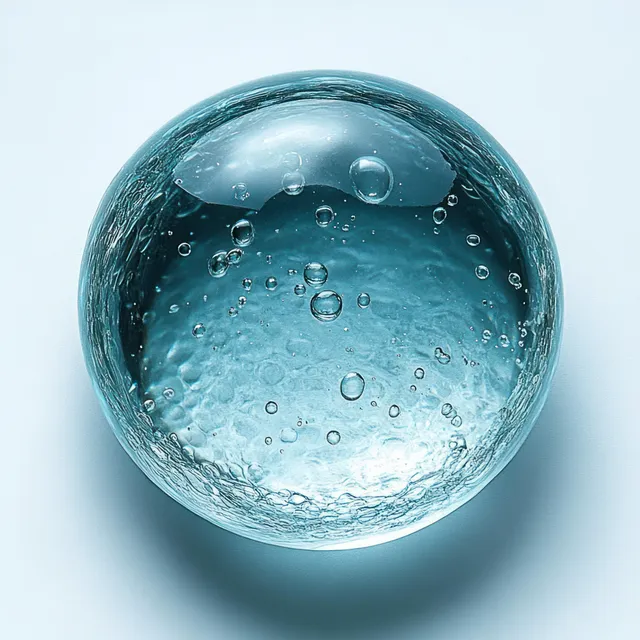 A transparent glass sphere filled with water droplets and bubbles reflects light on a white background.