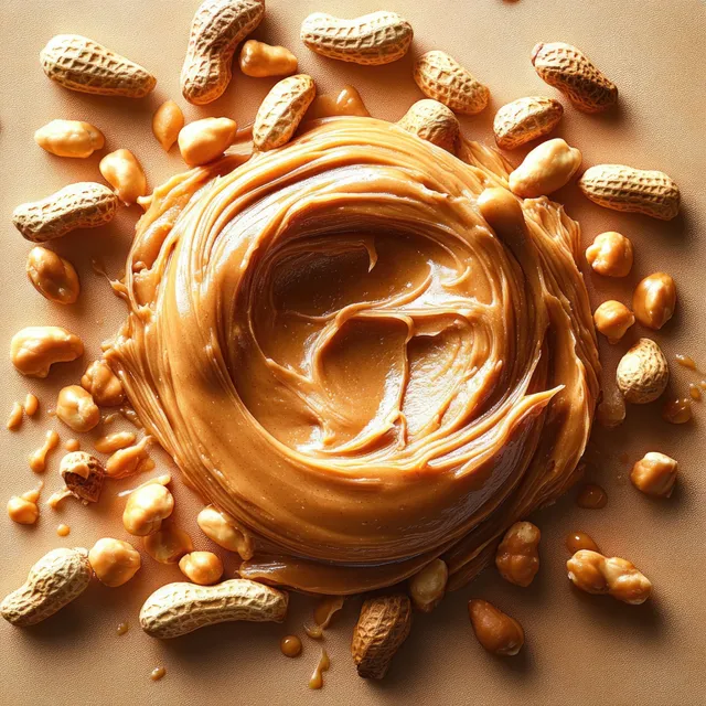 Creamy peanut butter swirl spread on light brown background with scattered whole peanuts