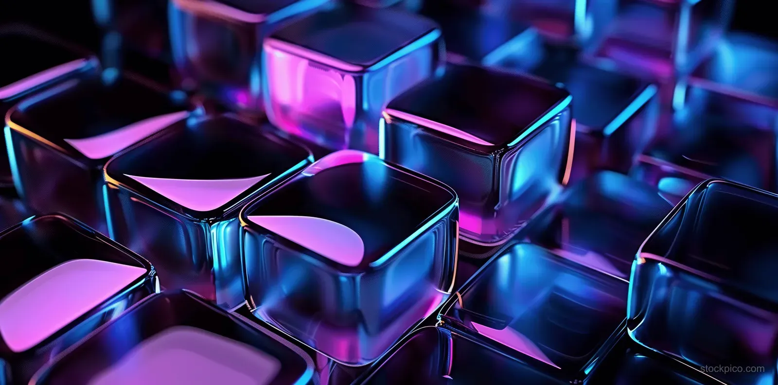 Glossy purple and blue glass cubes float together against a futuristic digital technology background with light reflections.
