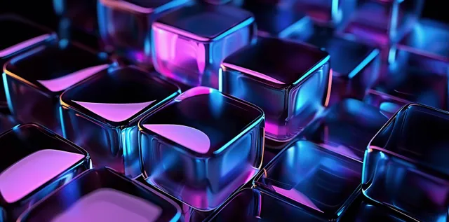 Futuristic 3D glass blocks floating in blue and purple digital grid lighting effects