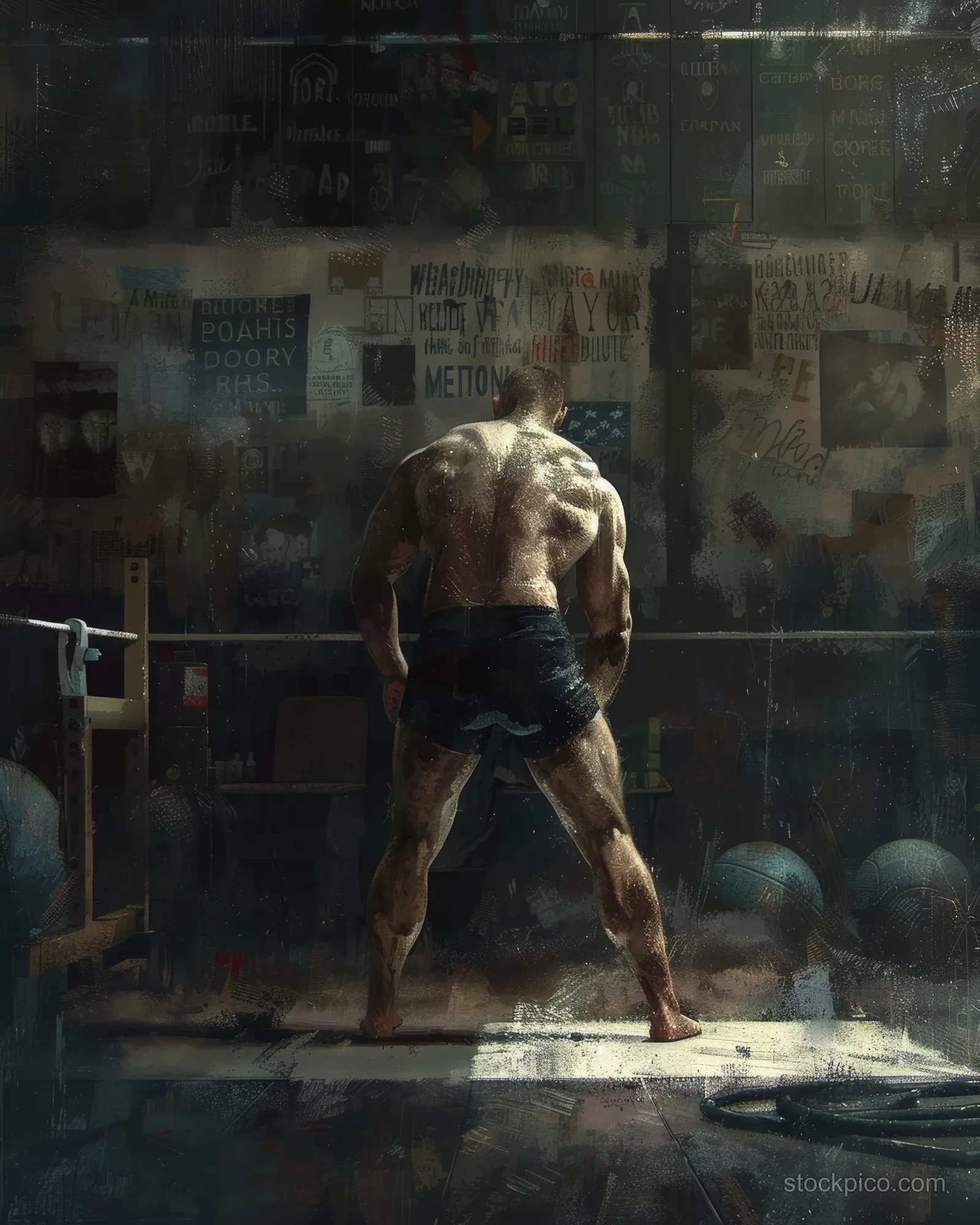 A freestyle wrestler practices on a wrestling mat under dramatic gym lighting while leaning forward.
