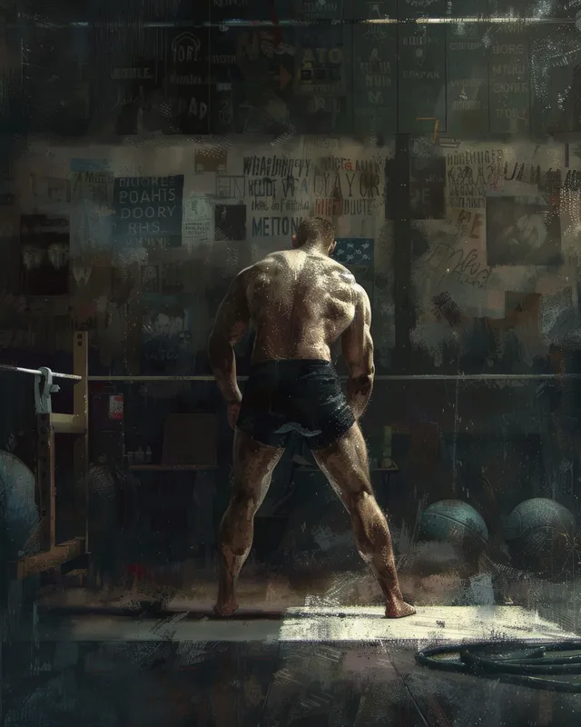 A freestyle wrestler practices on a wrestling mat under dramatic gym lighting while leaning forward.