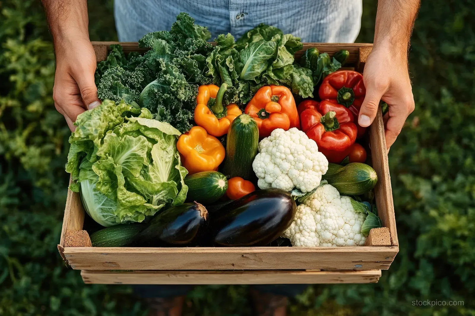 Hands hold a wooden crate filled with fresh leafy greens, peppers, cucumbers, cauliflower, and eggplants outdoors.