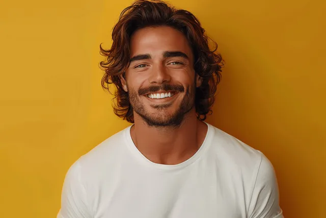 Smiling young man in white t-shirt posing against bold yellow studio background with Head And Shoulders