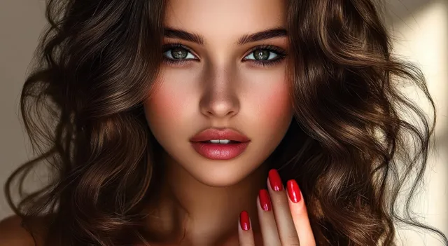 Woman with wavy brown hair and green eyes holds a hand near her face, showing red nail polish and subtle makeup.