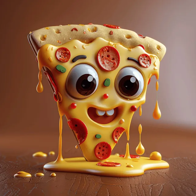 Cute 3D pizza slice character with dripping cheese and pepperoni face on wooden table