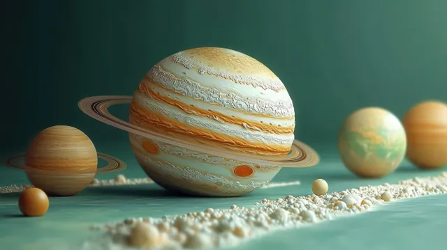 A Saturn-like planet model with rings and small sphere planets arranged on a green surface with grains.