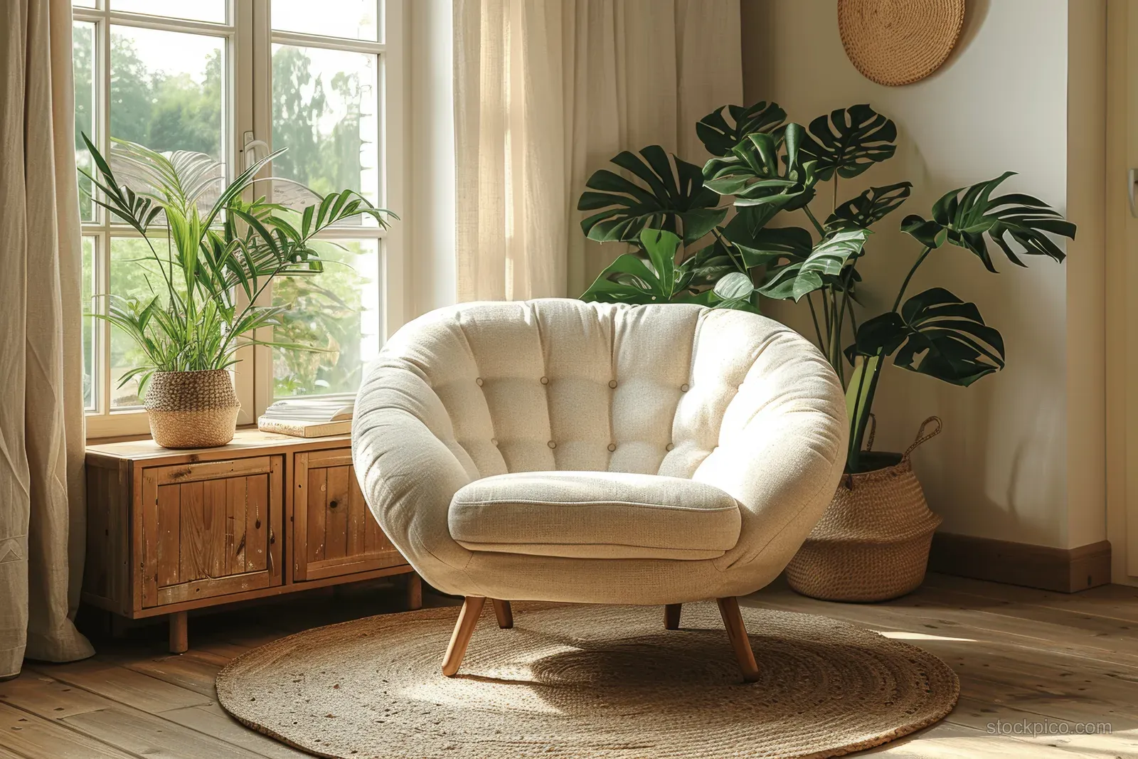 Beige armchair and sofa in a white Scandinavian living room with round rug, wooden cabinet, and potted plants by large windows.