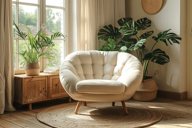 Beige armchair beside sofa in bright Scandinavian living room with round rug and potted plants