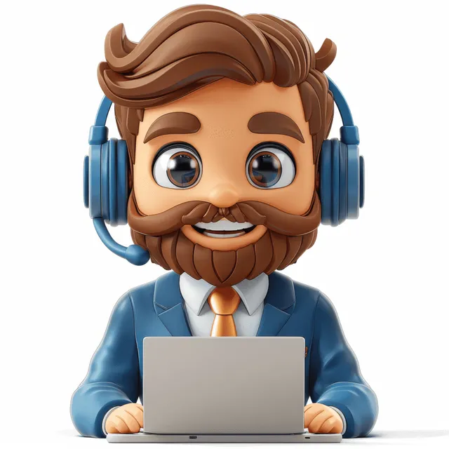 3D cartoon customer support agent in blue suit wearing a headset typing on a laptop on a white background.