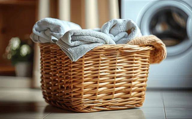 A wicker laundry basket with folded towels stands beside a front-loading washing machine in a home laundry room.