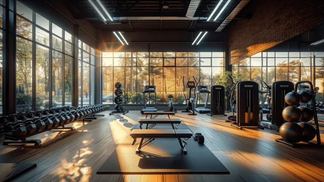 Interior de academia industrial com supino, halteres, bolas de exercício e esteiras iluminados pelo sol da manhã.