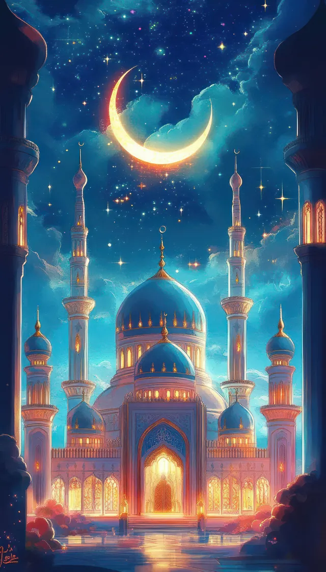 A glowing mosque with domes and minarets under a starry night sky beside a large crescent moon.
