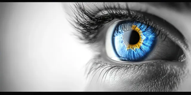 Macro close-up of a human eye with blue and gold iris detail, eyelashes, and subtle skin pores.