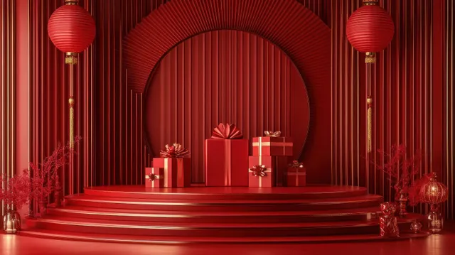 Red festive stage with traditional lanterns, an arched backdrop, and wrapped gift boxes on display.