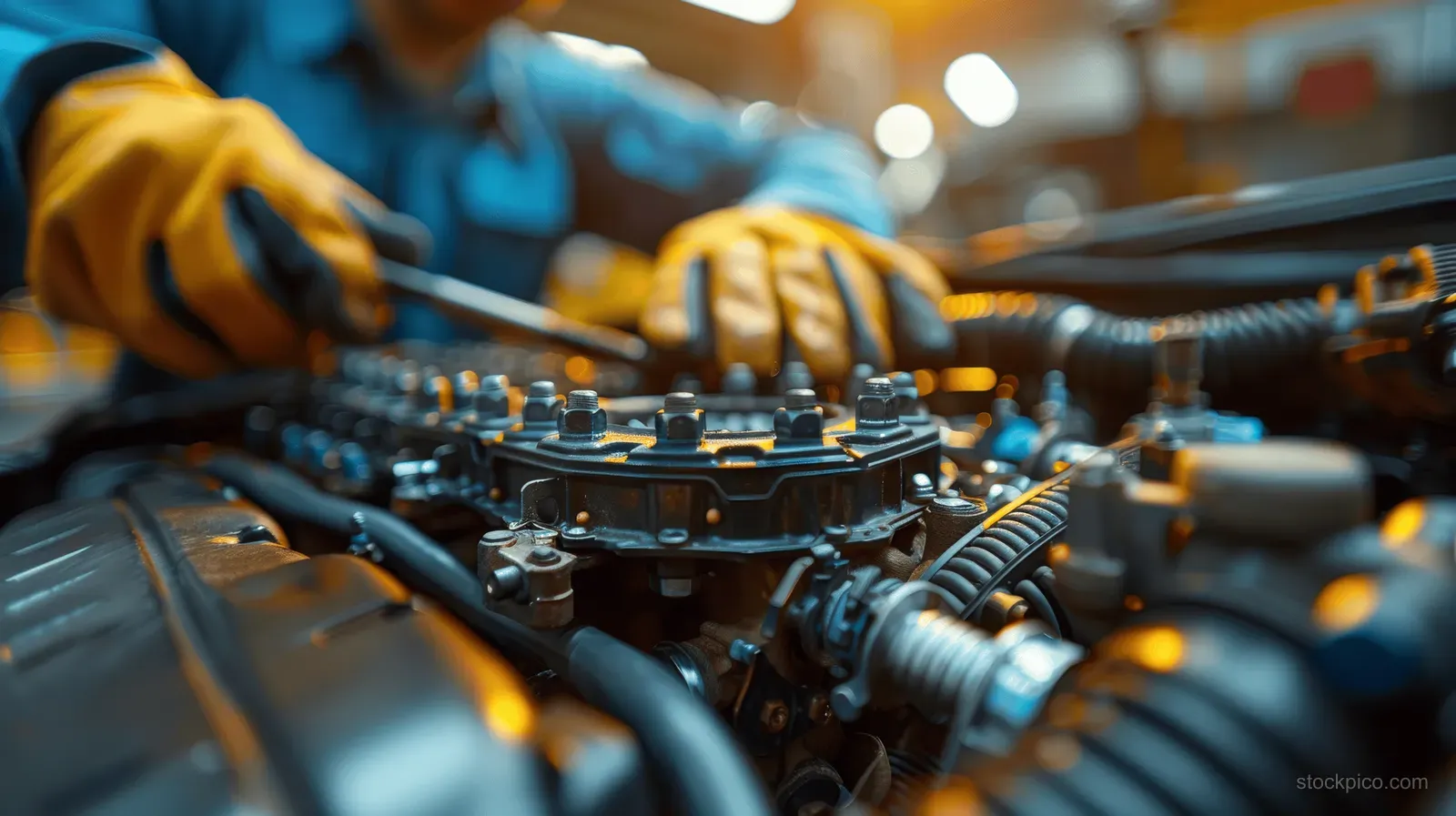 A mechanic checks engine components and battery cables in a brightly lit auto workshop.