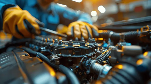 Mechanic inspects engine bay with diagnostic tools and battery cables in auto workshop light