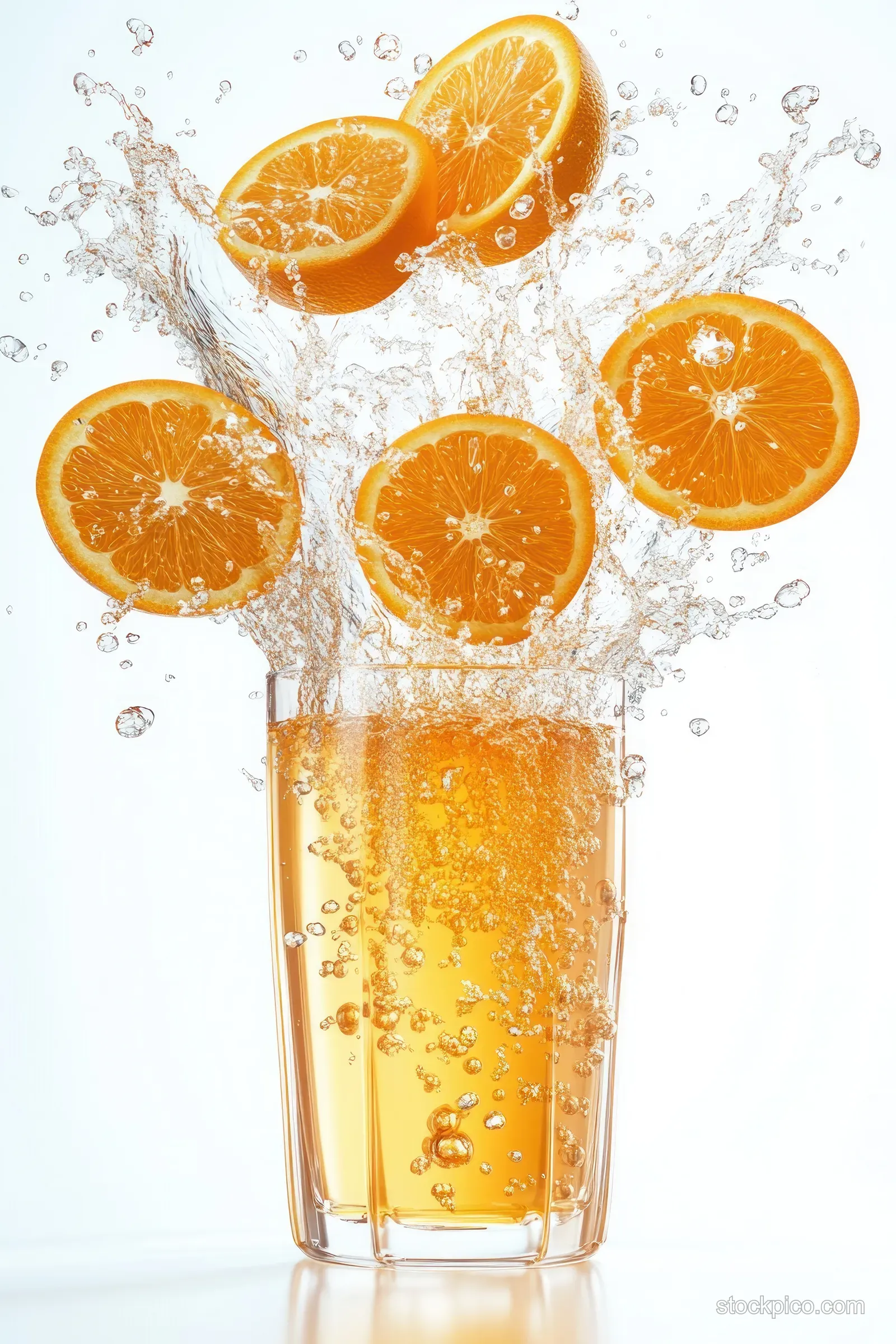 A glass of orange juice with flying orange slices and sparkling droplets on a clean white background.