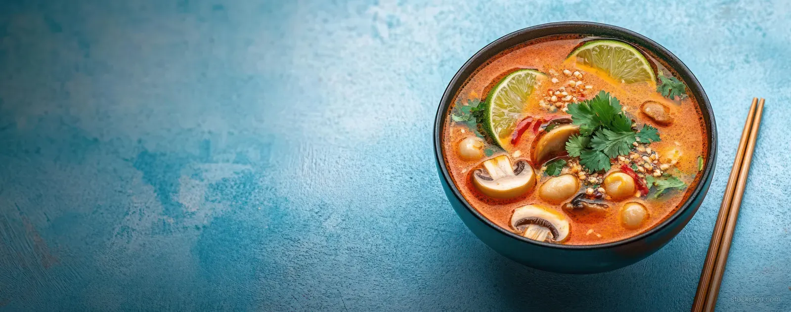 Black bowl of spicy mushroom soup topped with lime slices, herbs, and chili flakes beside wooden chopsticks on blue surface.