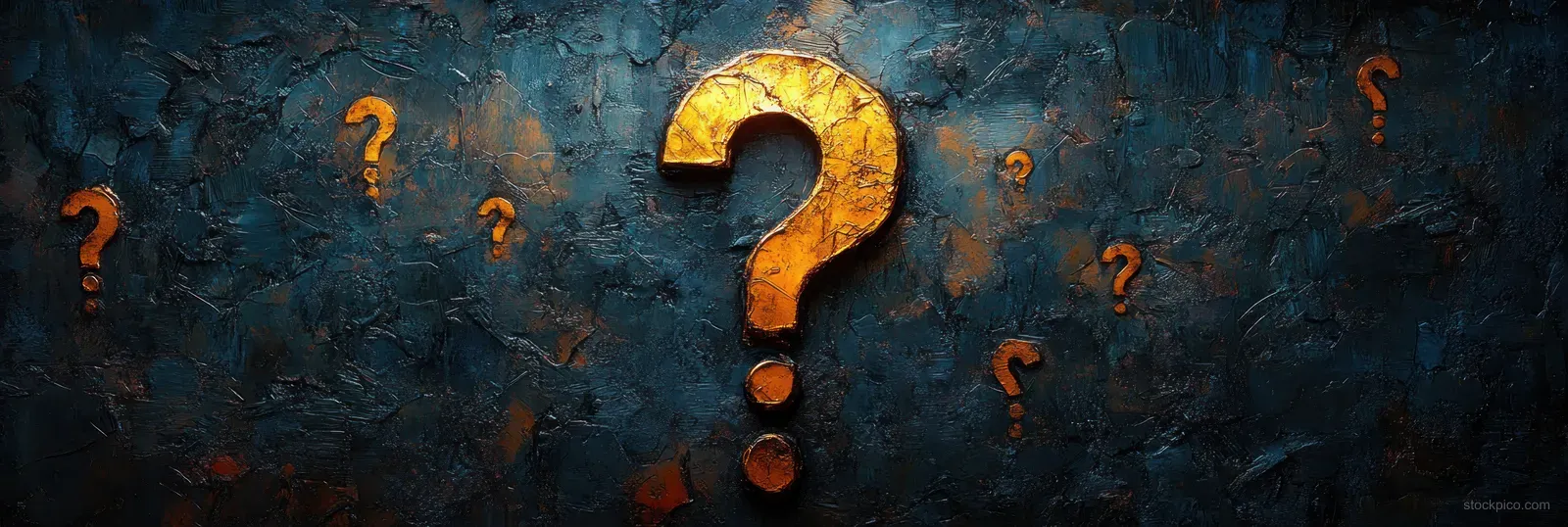 Golden 3D question marks float on a rough blue and orange textured background.