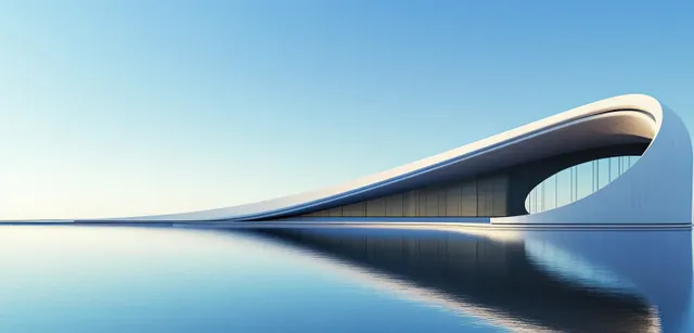 Minimalist white futuristic bridge curves above calm blue water, with sky and water reflections.