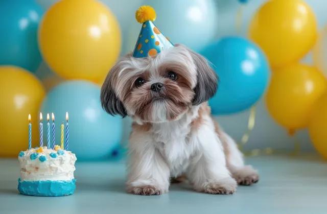 Small fluffy dog sits by birthday cake with candles and colorful balloons behind
