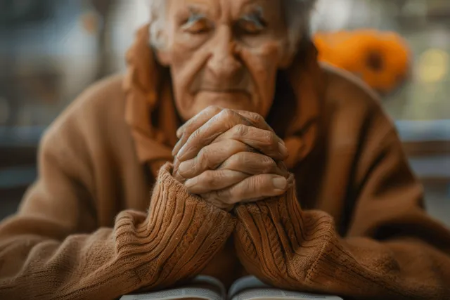 Elderly man praying with folded hands beside an open Bible in a cozy living room with Elderly Care And Faith
