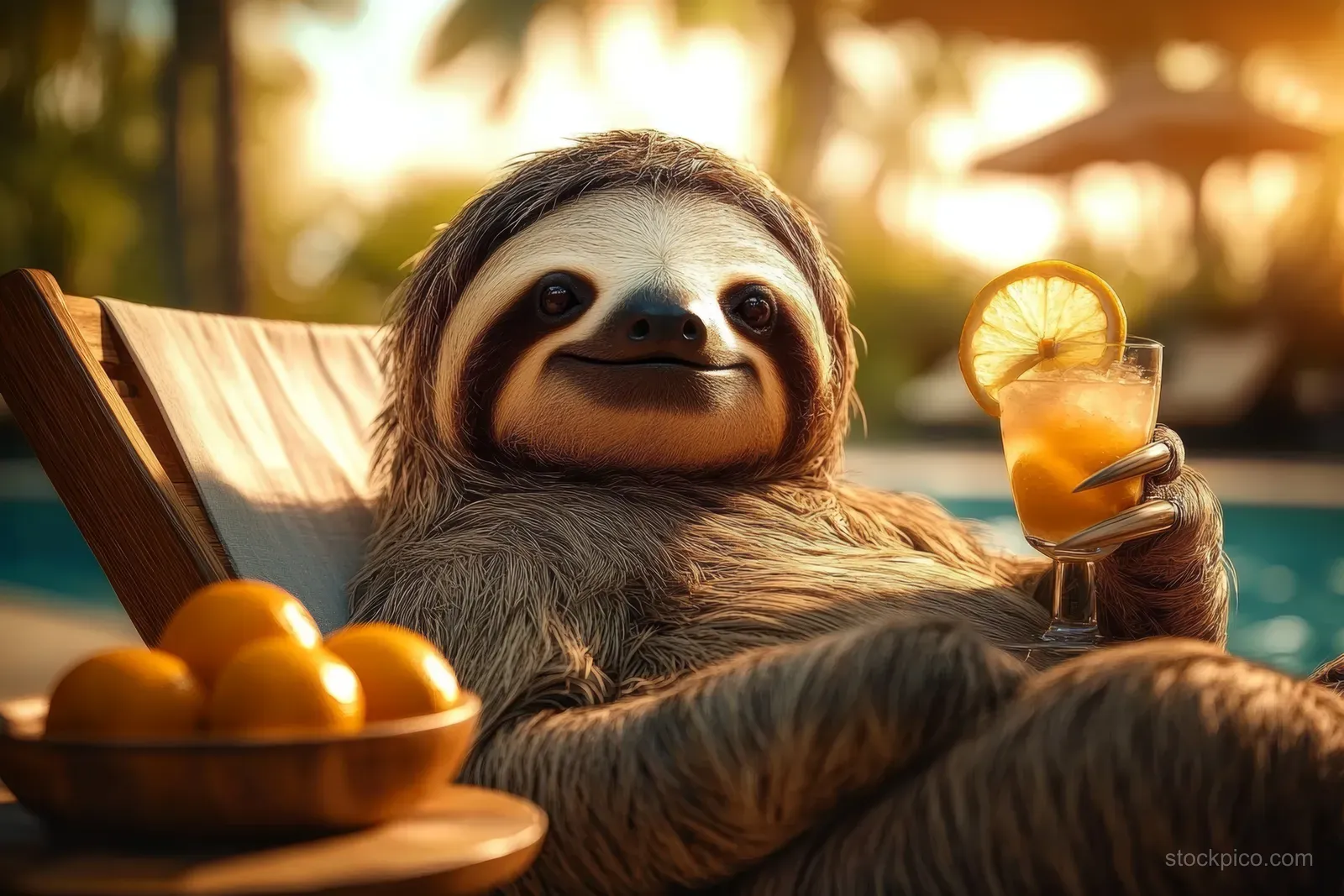A sloth lounges in a poolside beach chair holding a tropical cocktail in golden sunlight.