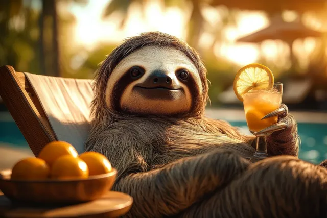 A sloth lounges in a poolside beach chair holding a tropical cocktail in golden sunlight.